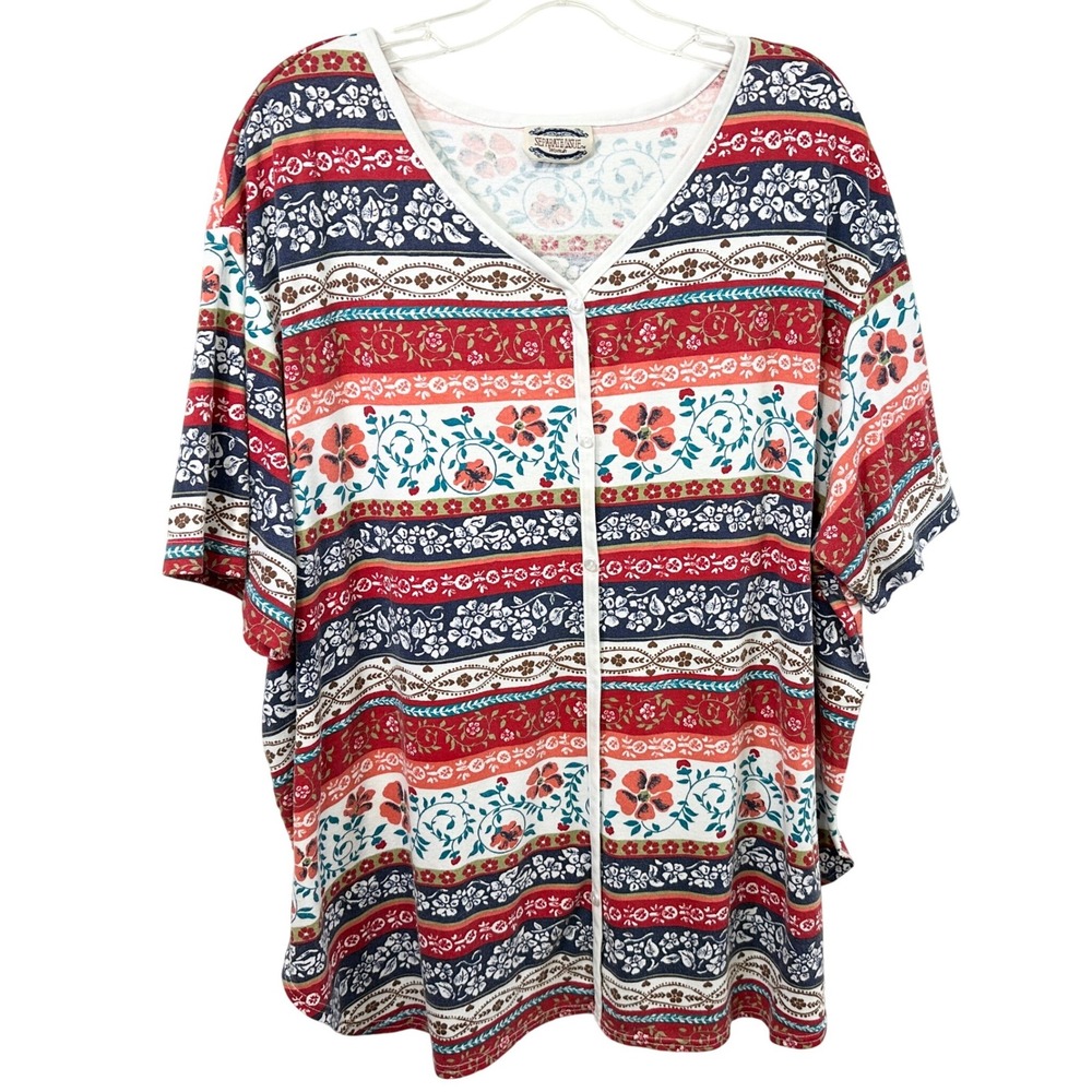 Separate Issue Plus Size 3X Top Floral Stripe Western Country Red Navy Blue 1351